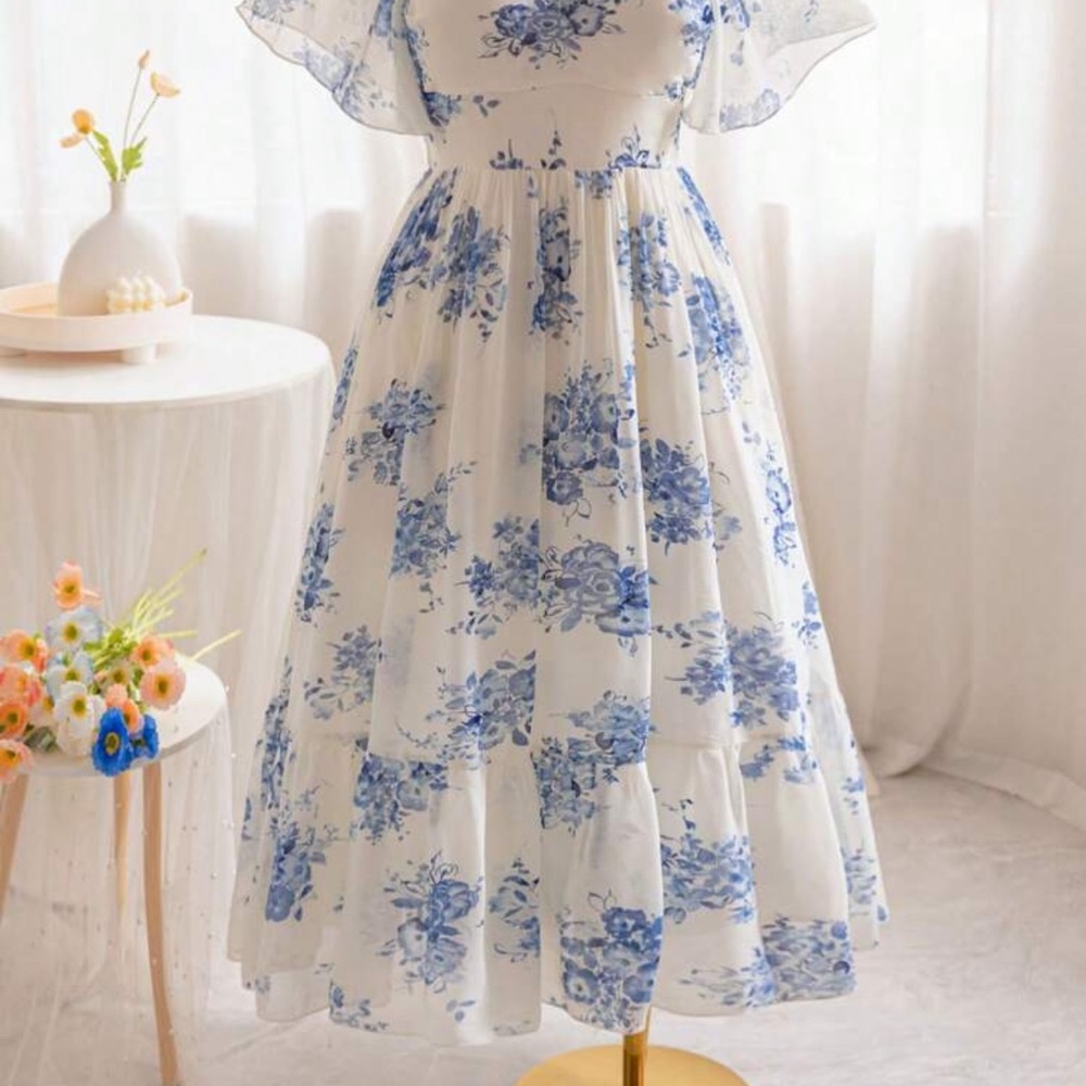 SHEIN Blue and White Flutter Sleeve Sundress